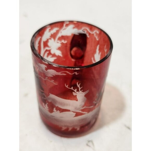Vtg Set of 4 Bohemian Flash Glass Red Etched Deer Miniature Shot Mugs 1.75" Tall - Picture 8 of 12